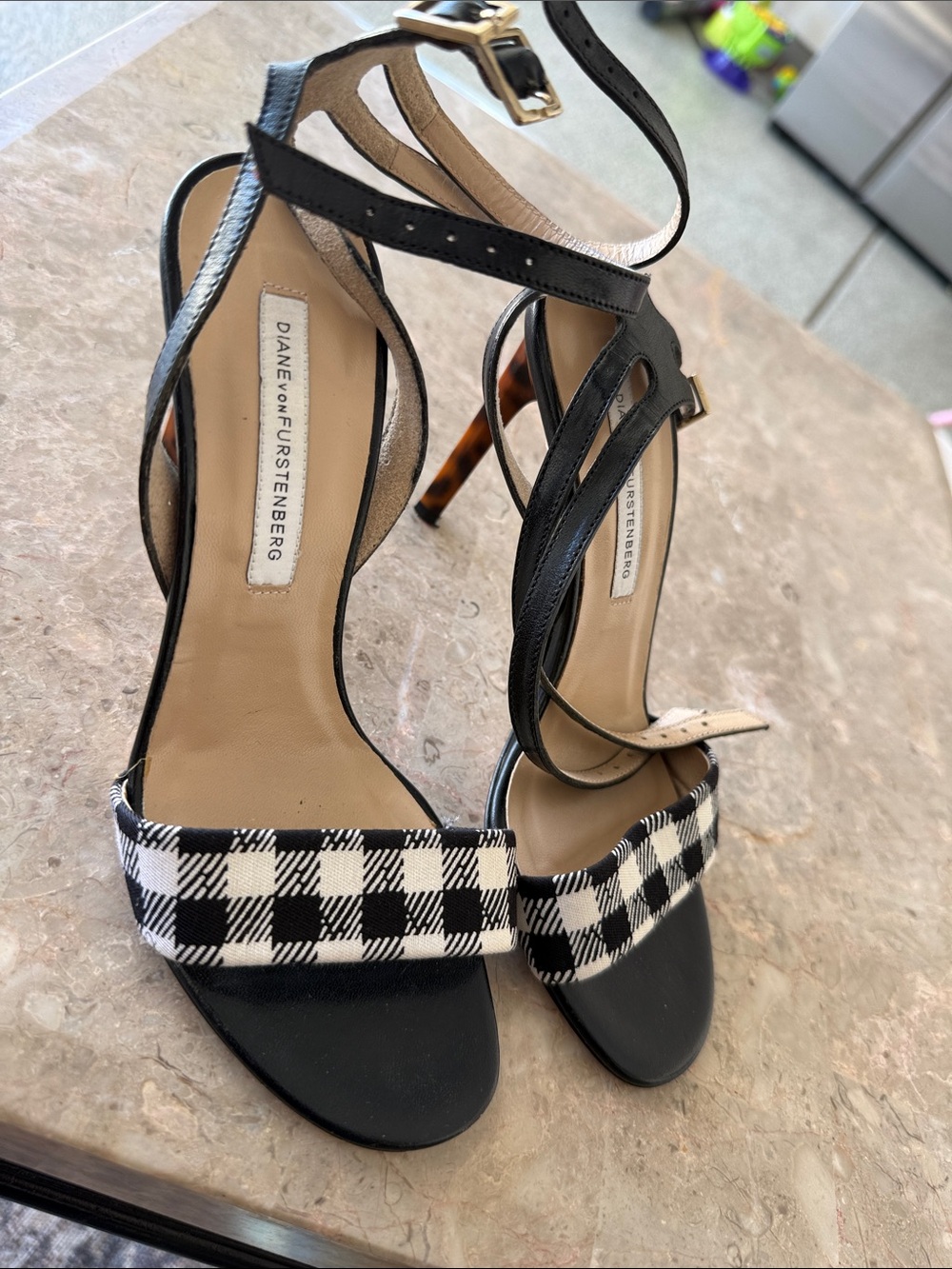 Diane von Furstenberg Black and White Plaid Ankle-Strap Heels